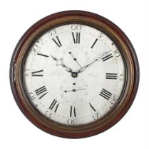 A GEORGE III MAHOGANY FUSEE DIAL WALL TIMEPIECE WITH SUBSIDIARY SECONDS AND CALENDAR DIALS