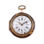 A FRENCH LOUIS XV/XVI GOLD REPOUSSE AND TORTOISHELL DUMB-REPEATING PAIR-CASED VERGE POCKET WATCH