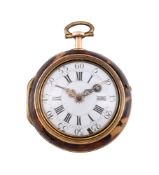 A FRENCH LOUIS XV/XVI GOLD REPOUSSE AND TORTOISHELL DUMB-REPEATING PAIR-CASED VERGE POCKET WATCH