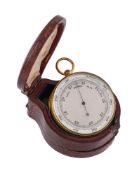 A VICTORIAN GILT BRASS ANEROID POCKET BAROMETER COMPENDIUM WITH ALTIMETER, THERMOMETER AND COMPASS