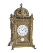 AN UNUSUAL FRENCH RENAISSANCE STYLE CAST AND PATINATED BRASS REPEATING CARRIAGE/MANTEL CLOCK