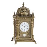 AN UNUSUAL FRENCH RENAISSANCE STYLE CAST AND PATINATED BRASS REPEATING CARRIAGE/MANTEL CLOCK