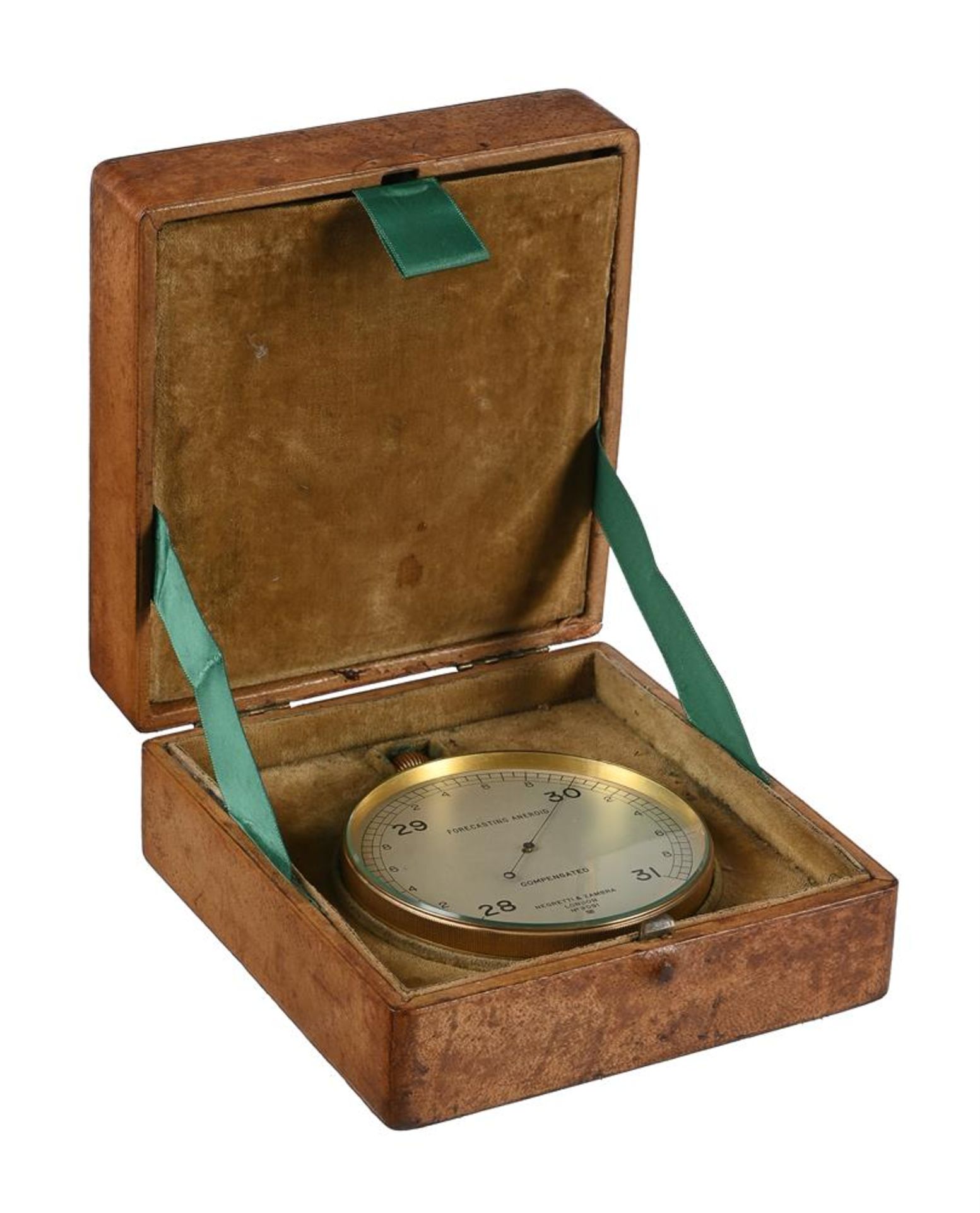 A CASED SET OF ANEROID FORECASTING BAROMETER AND LACQUERED BRASS WEATHER FORECASTING CALCULATOR - Image 4 of 7