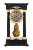 A FRENCH EBONISED PORTICO MANTEL CLOCK