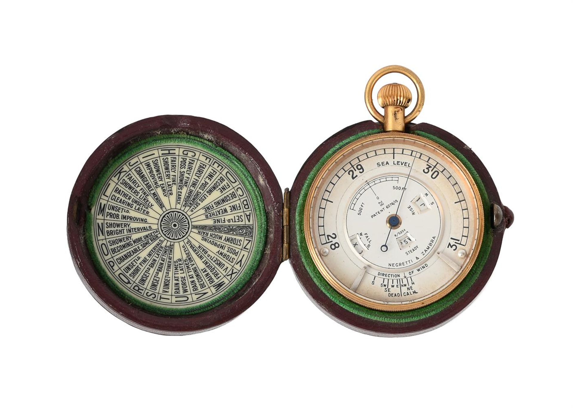 A GILT BRASS ANEROID POCKET WEATHER FORETELLER BOROMETER OR ‘WEATHER WATCH’