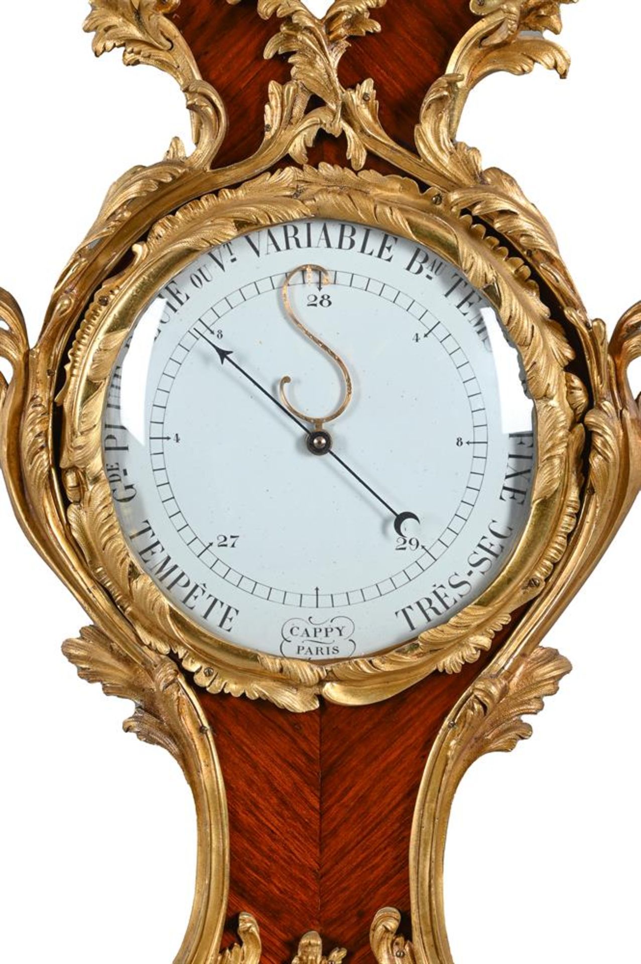 A FINE FRENCH LOUIS XV STYLE ORMOLU MOUNTED KINGWOOD MERCURY WHEEL BAROMETER - Image 2 of 3