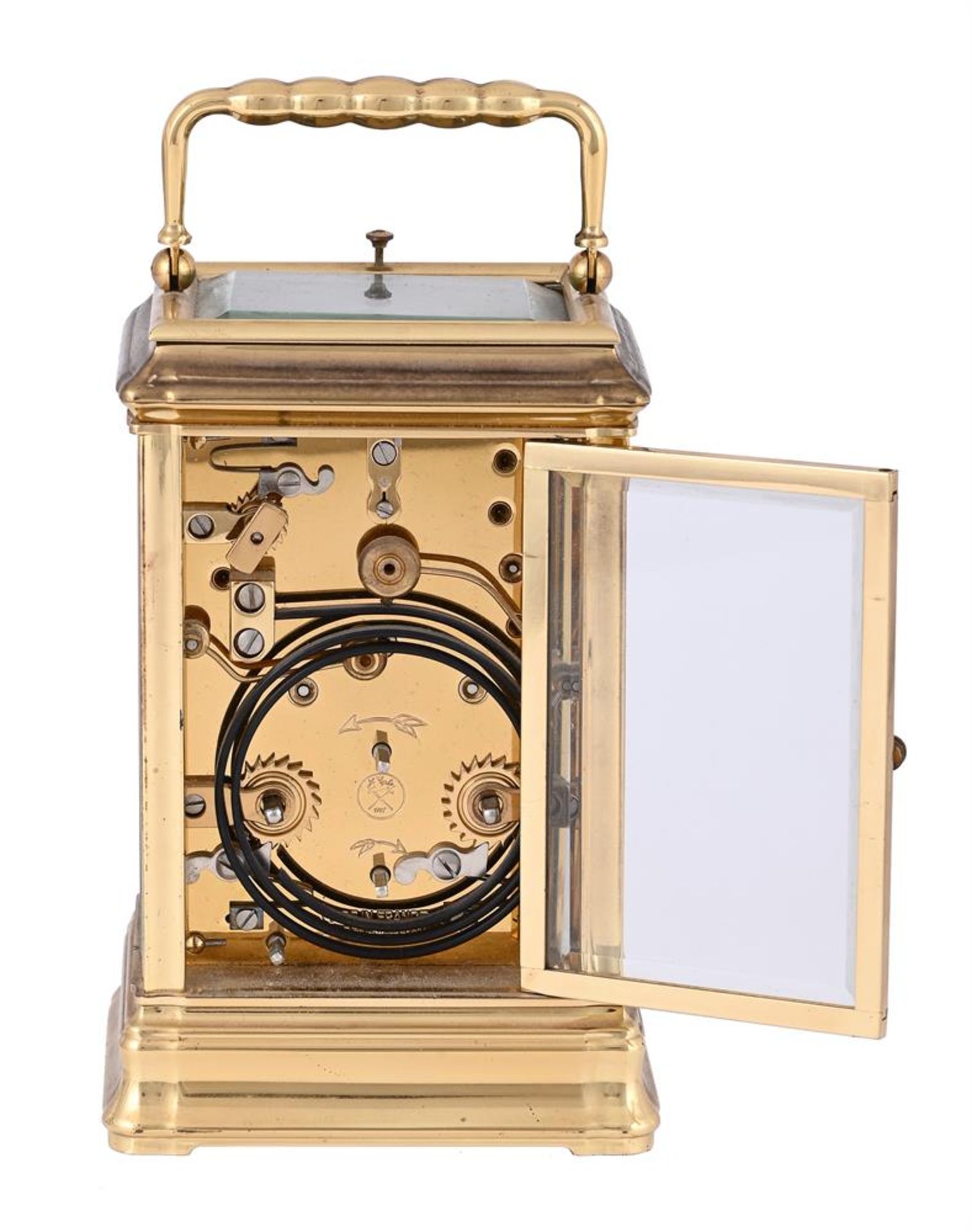 A FRENCH/SWISS LAQUERED BRASS GORGE CASED CALENDAR CARRIAGE CLOCK WITH PUSH-BUTTON REPEAT AND ALARM - Image 2 of 3