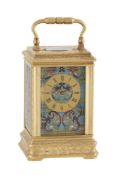 A FINE FRENCH ENGRAVED GILT AND CLOISONNE ENAMEL PANEL MINIATURE GORGE CASED CARRIAGE TIMEPIECE