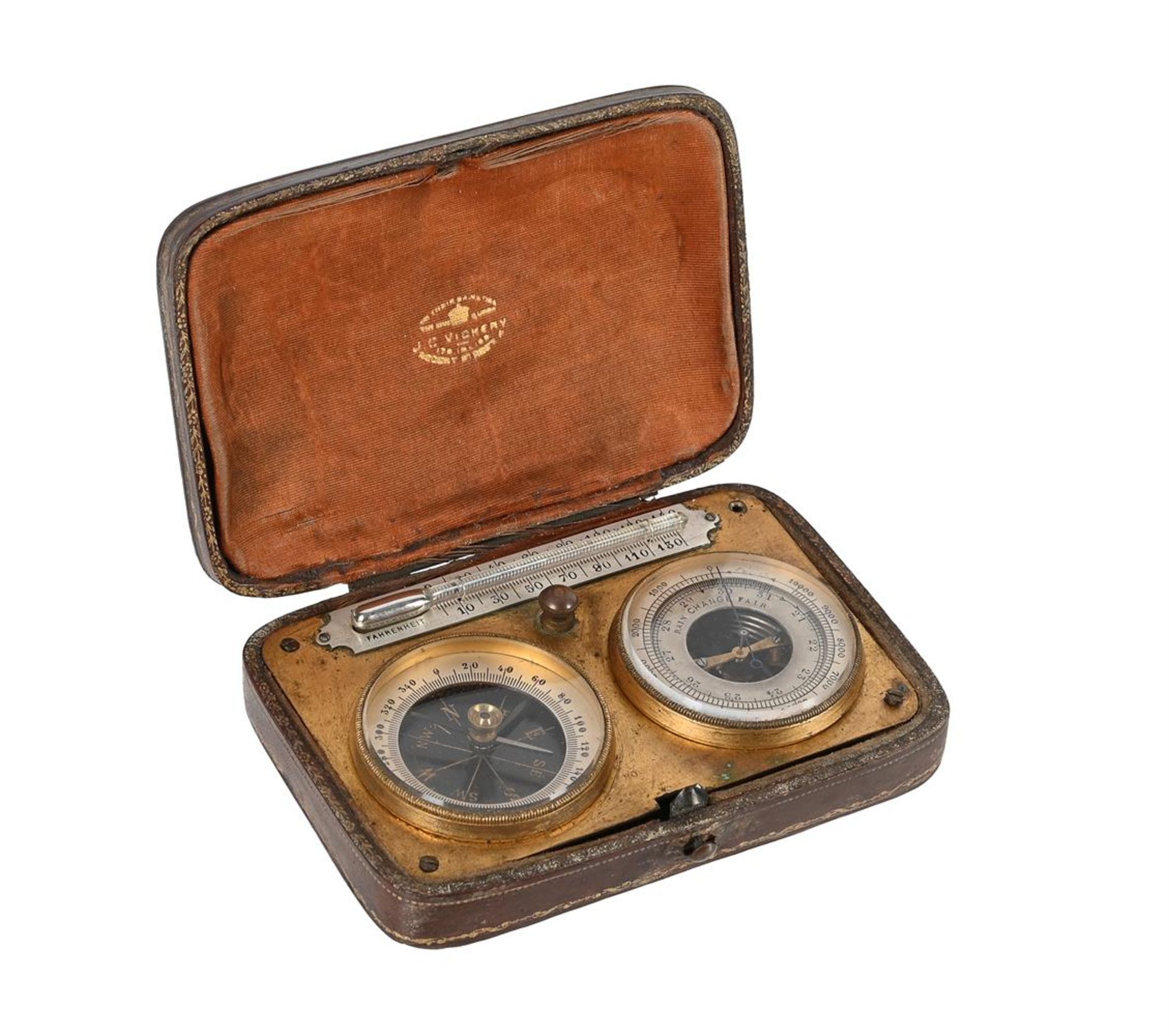 AN EDWARDIAN CASED ANEROID BAROMETER, COMPASS AND THERMOMETER COMPENDIUM - Image 4 of 6
