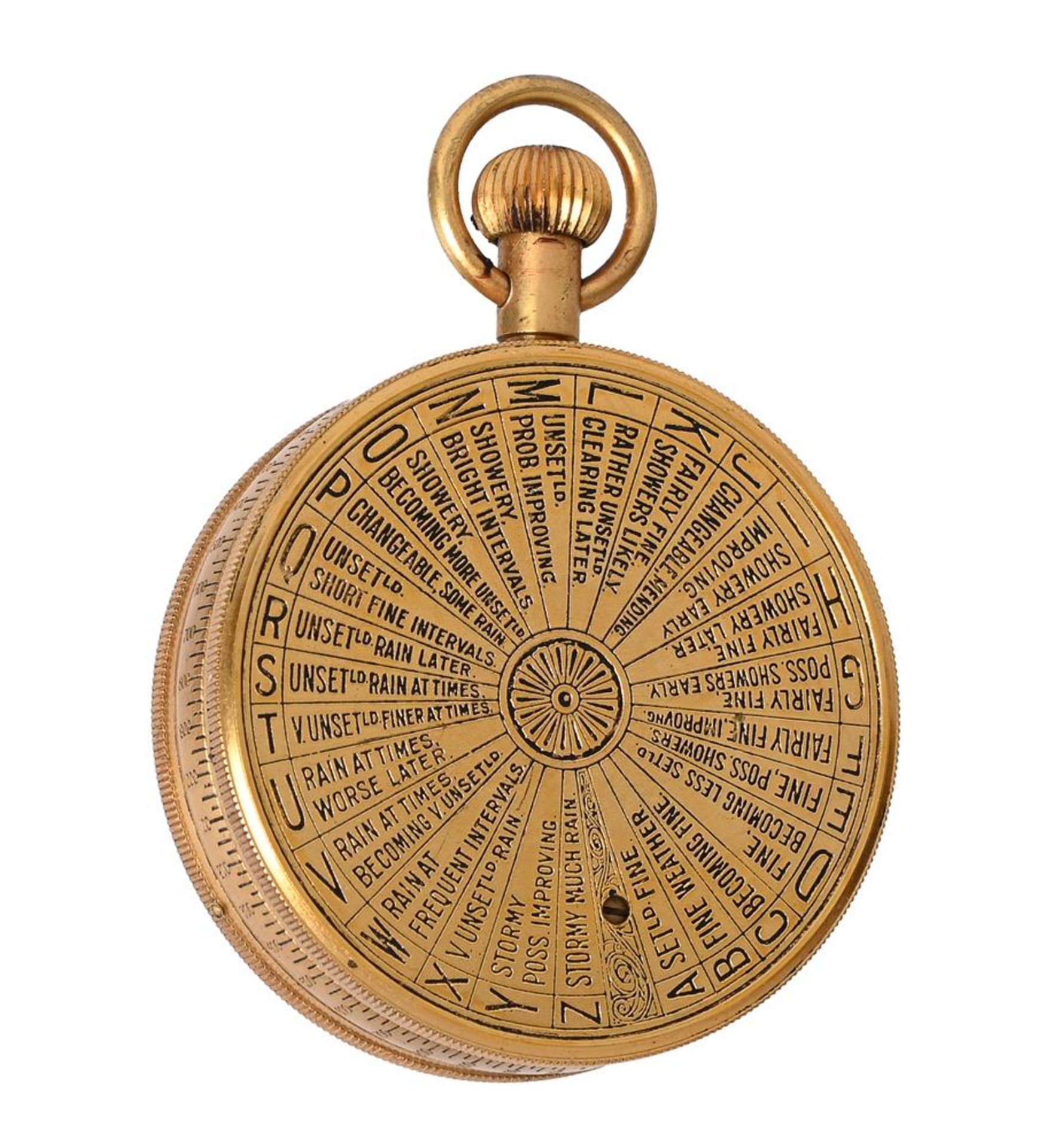 A GILT BRASS ANEROID POCKET WEATHER FORETELLER BOROMETER OR ‘WEATHER WATCH’ - Image 4 of 5