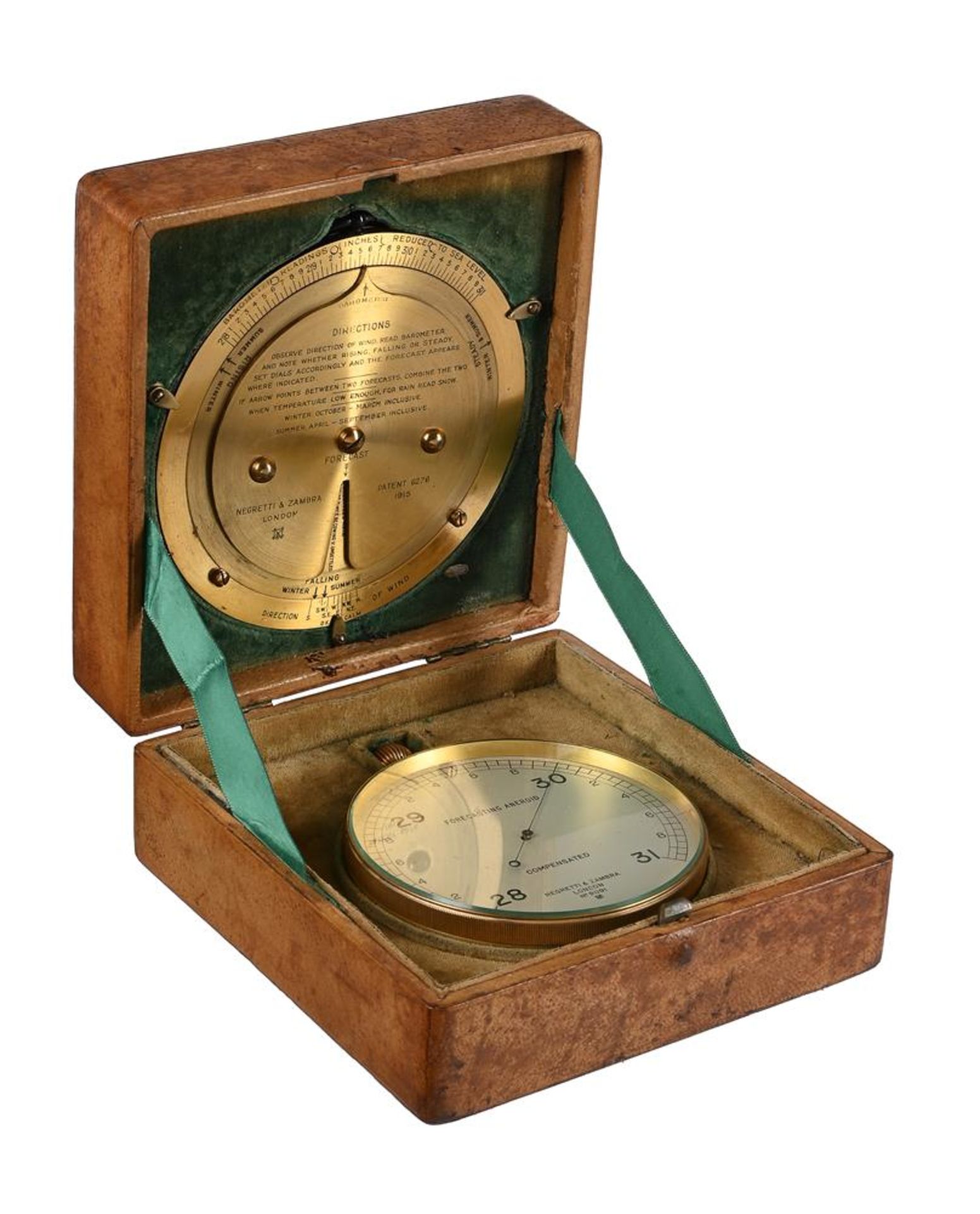 A CASED SET OF ANEROID FORECASTING BAROMETER AND LACQUERED BRASS WEATHER FORECASTING CALCULATOR - Image 3 of 7