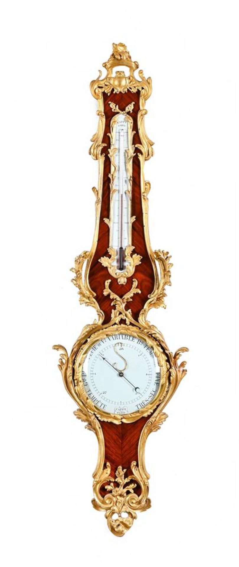 A FINE FRENCH LOUIS XV STYLE ORMOLU MOUNTED KINGWOOD MERCURY WHEEL BAROMETER