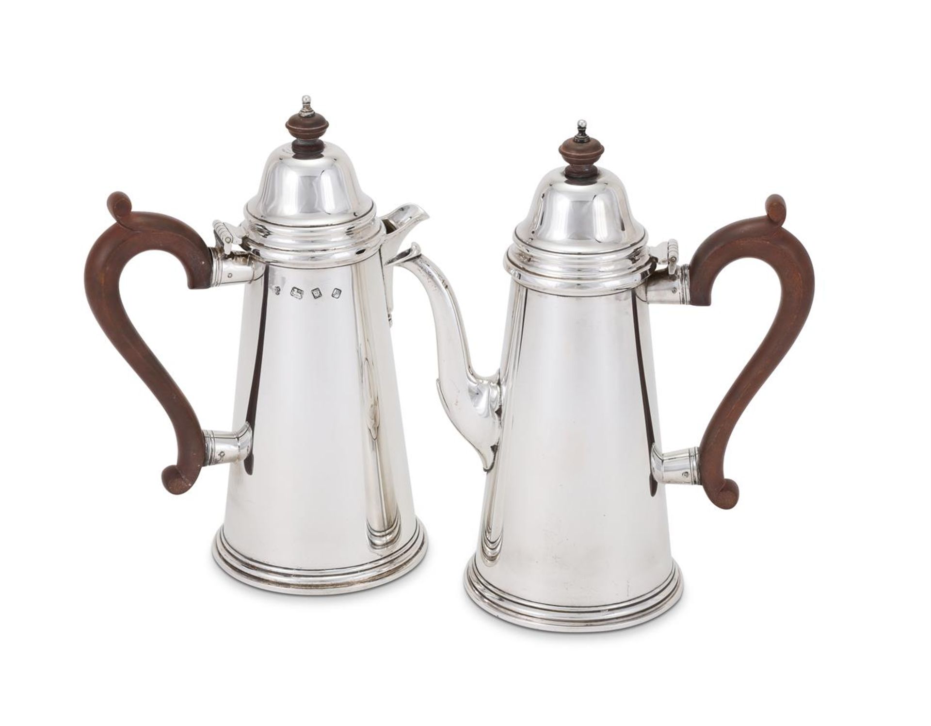 A PAIR OF SILVER TAPERING CAFE AU LAIT POTS