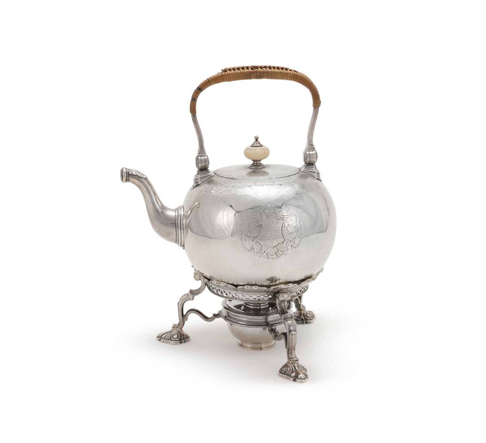 Y A GEORGE II SILVER BRITANNIA STANDARD KETTLE ON STAND