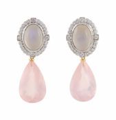 A PAIR OF DIAMOND, ROSE QUARTZ AND MOONSTONE EARRINGS PURCHASED FROM CASSANDRA GOAD
