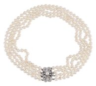A FOUR ROW CULTURED PEARL NECKLACE WITH DIAMOND AND CULTURED PEARL BOW CLASP