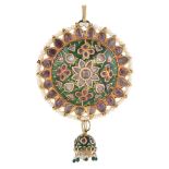 AN INDIAN CIRCULAR GEM, PEARL AND ENAMEL PANEL BROOCH/PENDANT