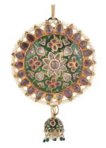 AN INDIAN CIRCULAR GEM, PEARL AND ENAMEL PANEL BROOCH/PENDANT