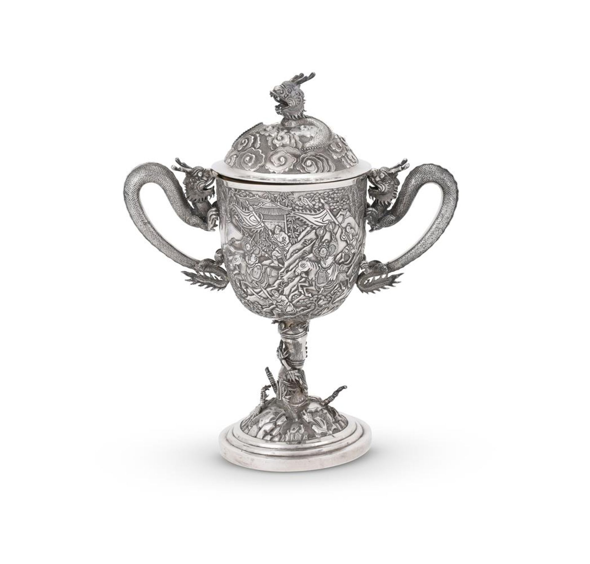 A CHINESE SILVER TWIN HANDLED CUP AND COVER - Image 3 of 4