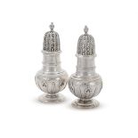 A PAIR OF GEORGE II SILVER BULBOUS CASTERS
