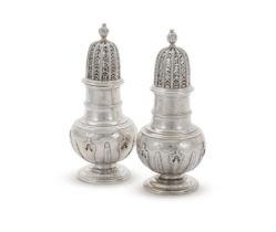 A PAIR OF GEORGE II SILVER BULBOUS CASTERS