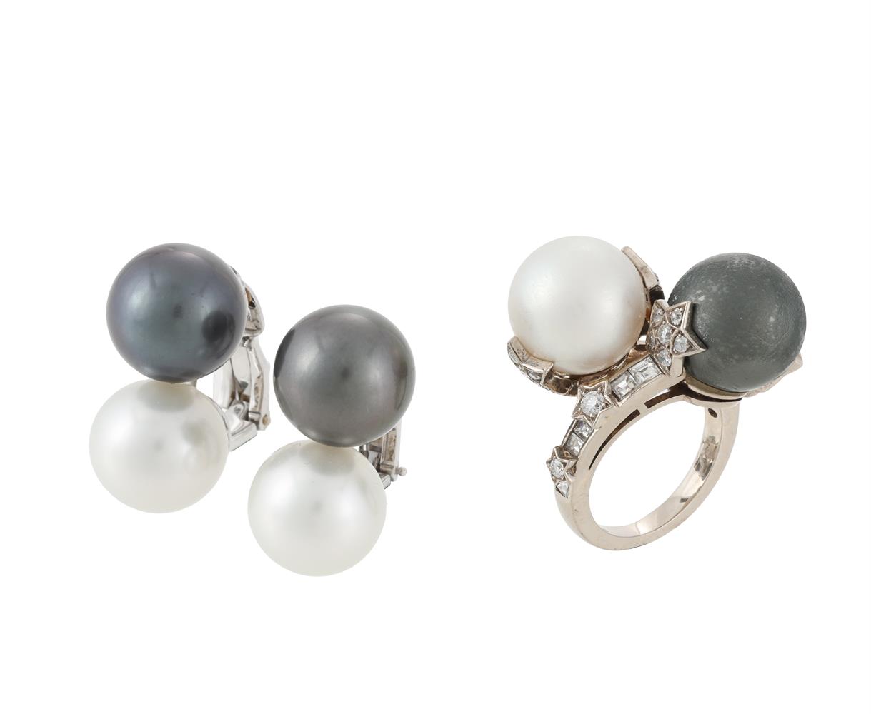 A SOUTH SEA CULTURED AND TAHITIAN CULTURED PEARL AND DIAMOND CROSSOVER RING AND A PAIR OF EAR CLIPS