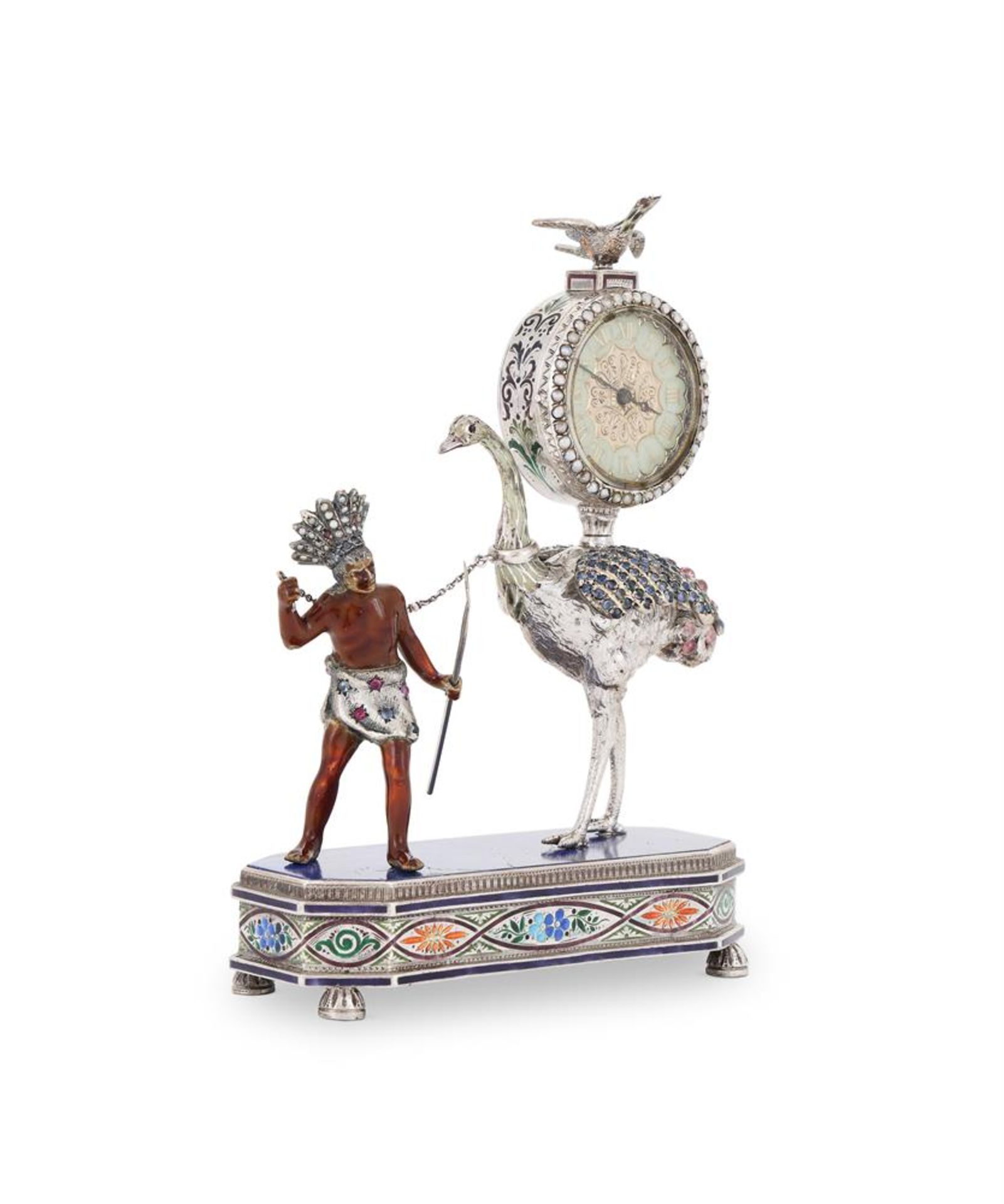 A SILVER, GEM SET AND ENAMEL DESK CLOCK - Image 2 of 4