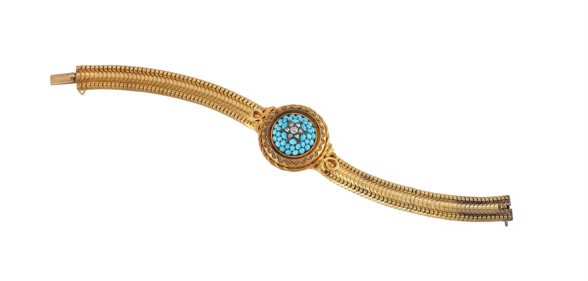 A MID VICTORIAN GOLD, TURQUOISE AND DIAMOND BRACELET