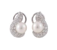 A PAIR OF DIAMOND AND CULTURED PEARL EAR CLIPS