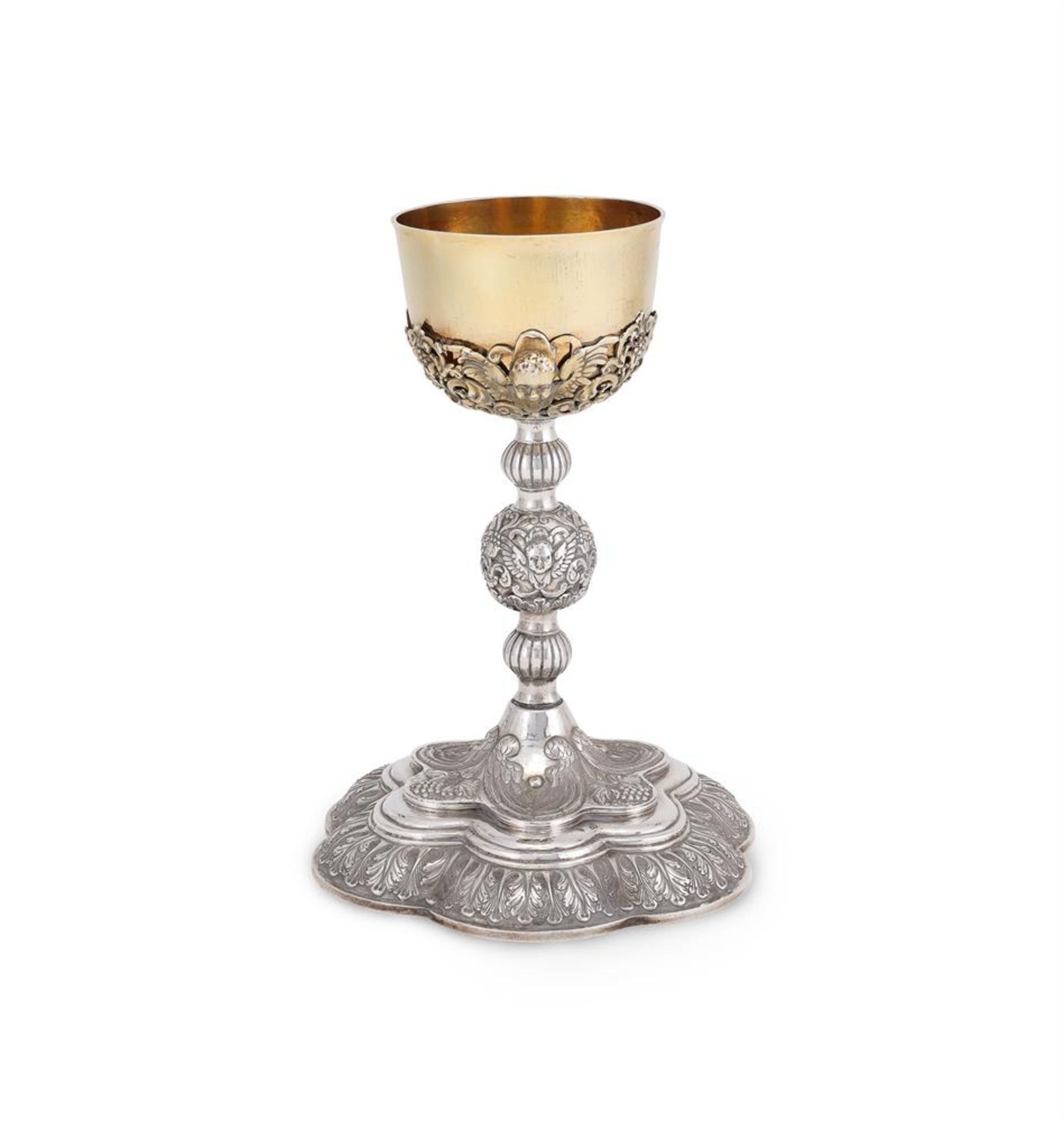 A GERMAN 18TH CENTURY SILVER AND SILVER GILT CHALICE