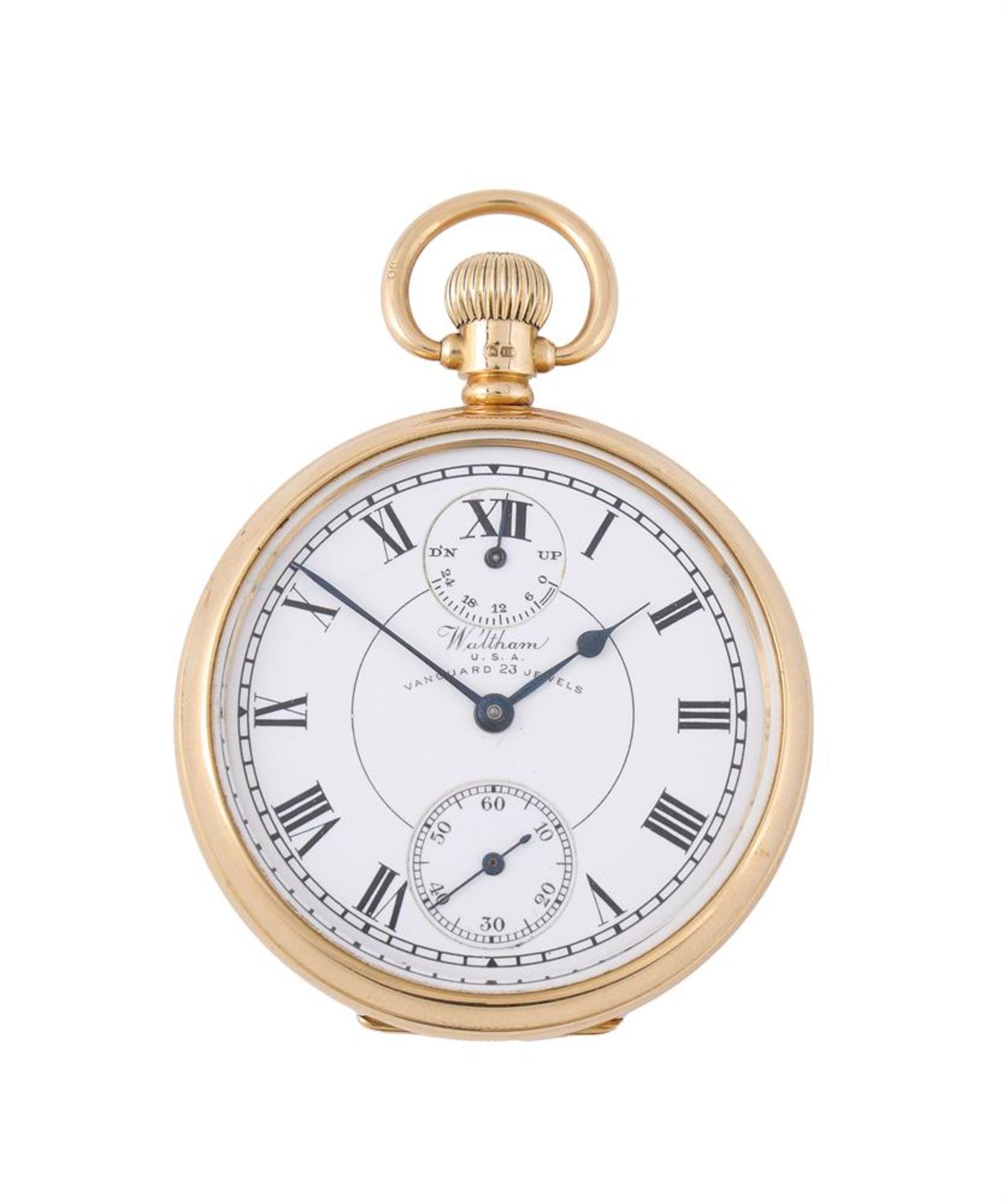 WALTHAM, U.S.A, AN 18 CARAT GOLD KEYLESS WIND OPEN FACE POCKET WATCH WITH UP/DOWN INDICATOR