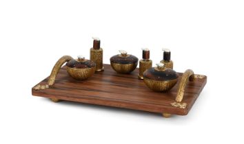 Y A CONTEMPORARY INDIAN ROSEWOOD, GILT METAL, DIAMOND AND CULTURED PEARL DRESSING TABLE SET