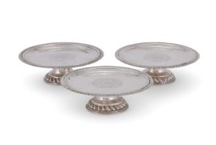 THREE QUEEN ANNE SILVER BRITANNIA STANDARD TAZZAS