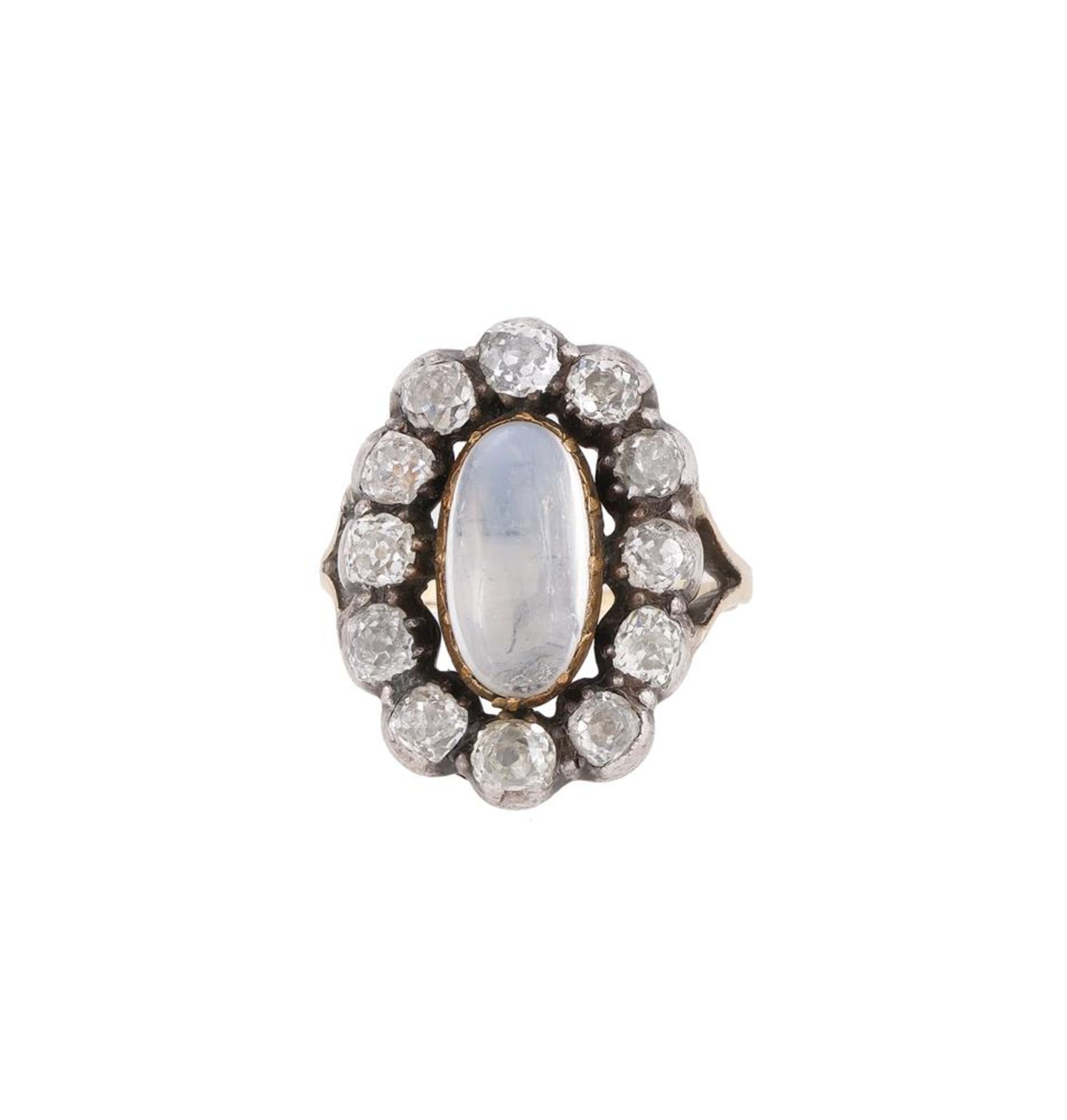 A DIAMOND AND MOONSTONE CLUSTER DRESS RING