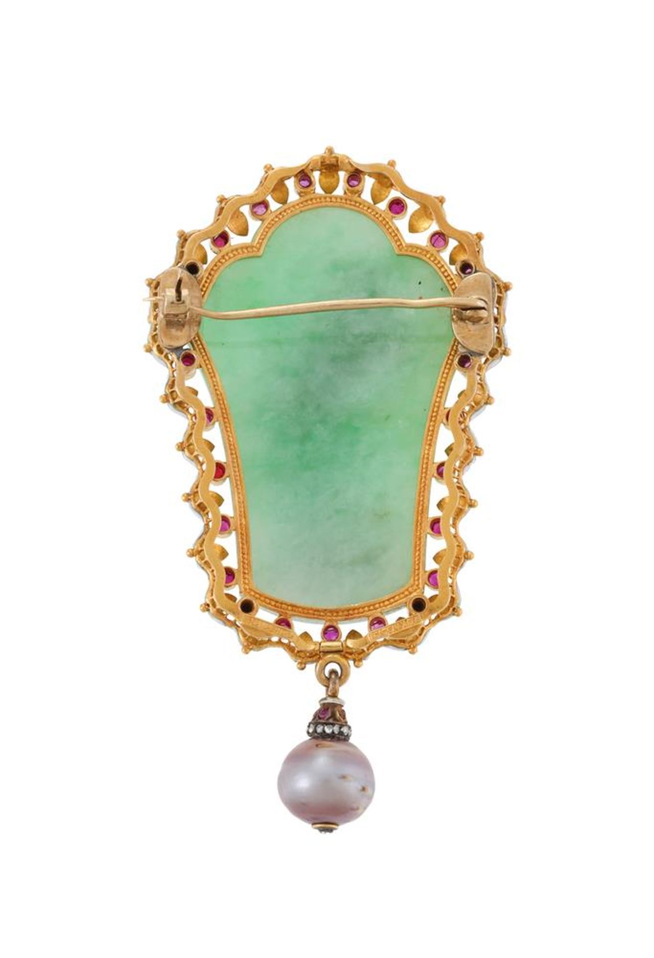 FONTENAY, A LATE 19TH CENTURY JADEITE JADE, RUBY, DIAMOND, PEARL AND ENAMEL CRANE BROOCH CIRCA 1860 - Image 2 of 2