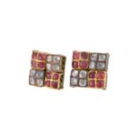 A PAIR OF INDIAN WHITE STONE AND RED STONE SQUARE PANEL EARRINGS