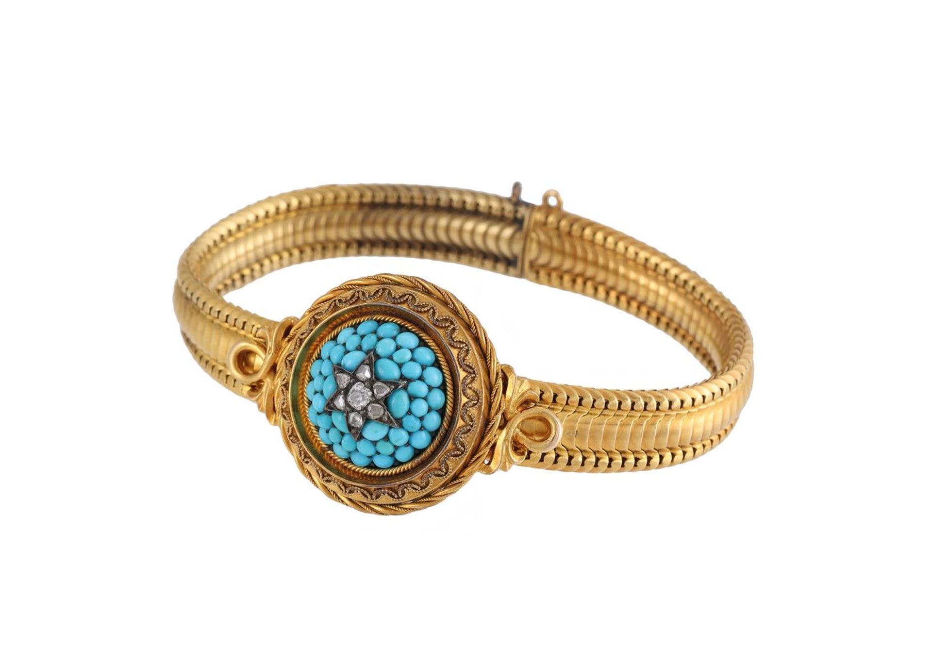 A MID VICTORIAN GOLD, TURQUOISE AND DIAMOND BRACELET - Image 2 of 3