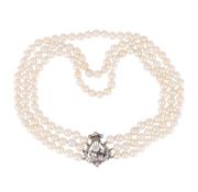 A THREE STRAND NATURAL PEARL NECKLACE WITH LATE 19TH CENTURY AND LATER DIAMOND CLASP