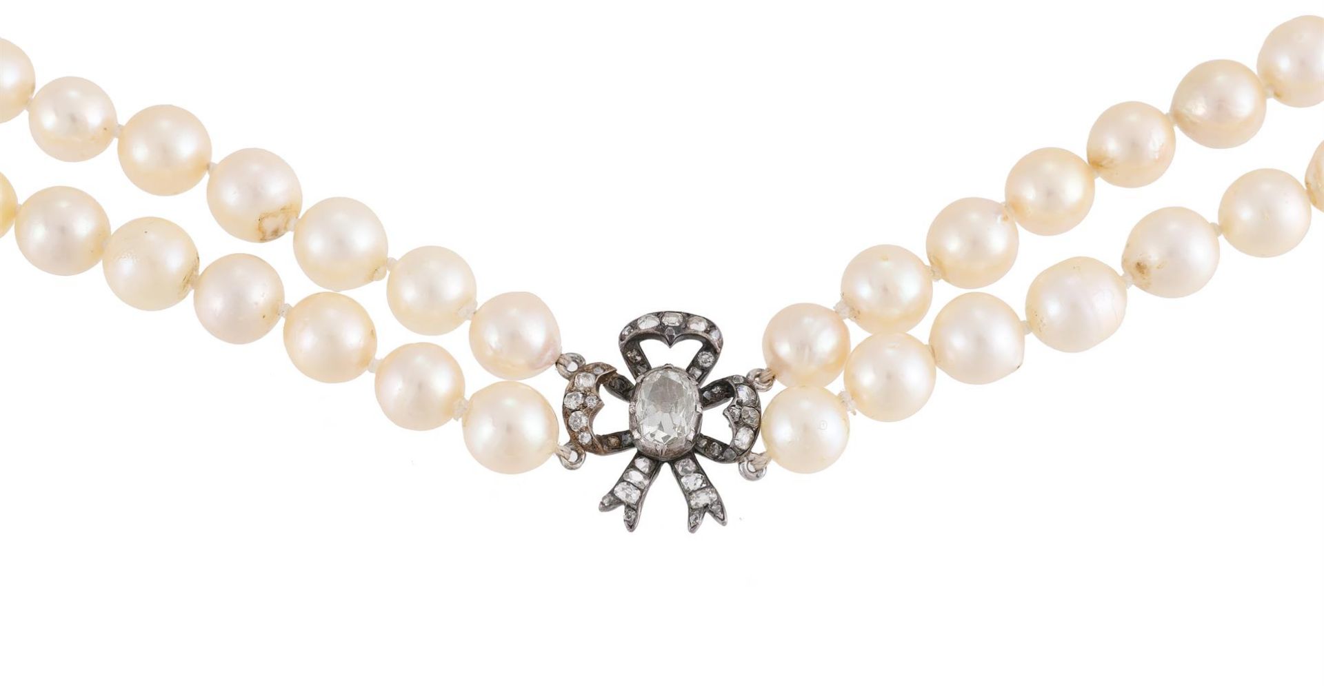 A TWO ROW CULTURED PEARL NECKLACE TO A DIAMOND BOW PANEL - Image 2 of 2