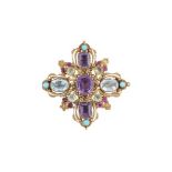 AN EARLY VICTORIAN MULTI GEM CANNETILLE CROSS BROOCH, CIRCA 1850