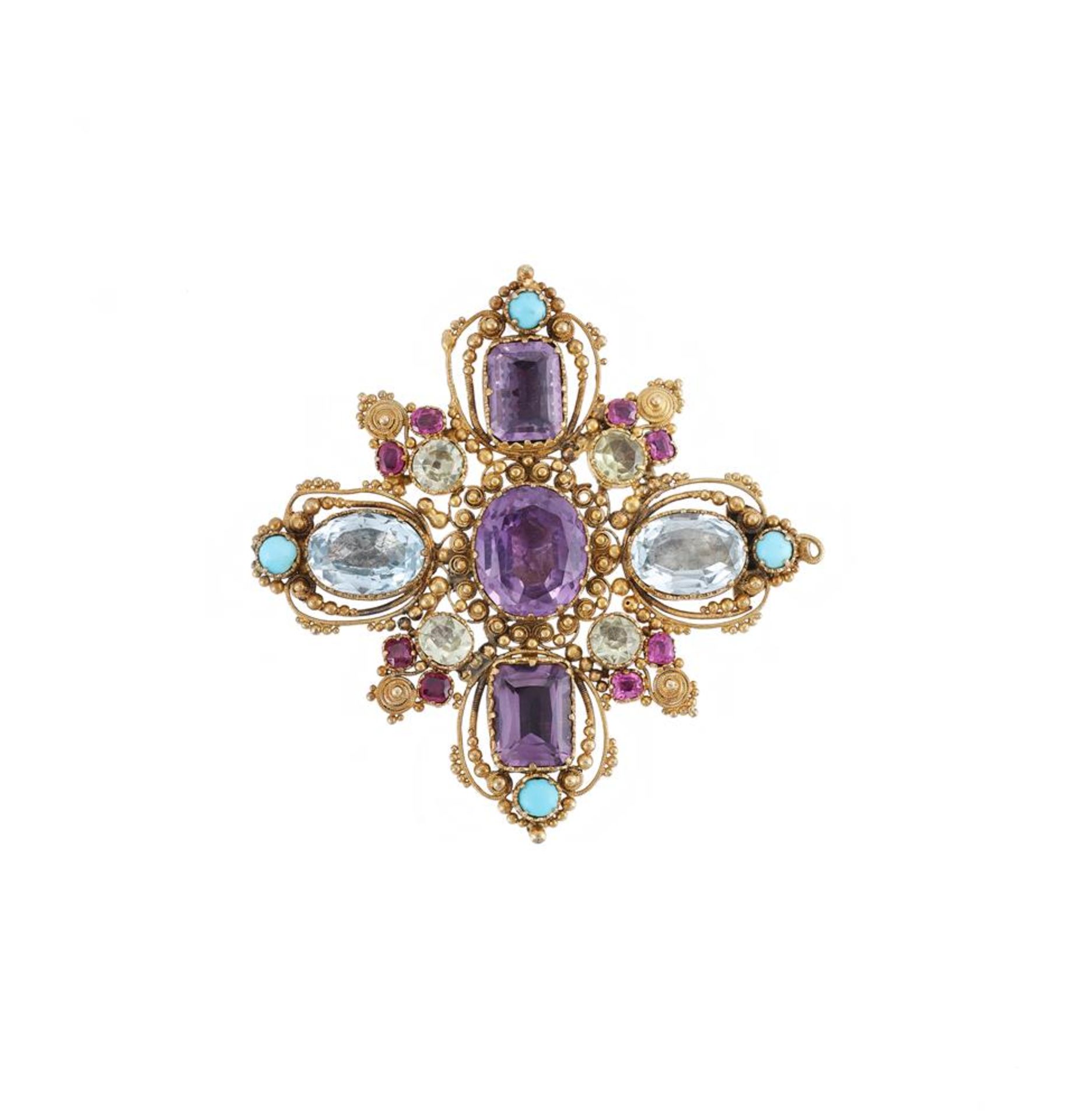 AN EARLY VICTORIAN MULTI GEM CANNETILLE CROSS BROOCH, CIRCA 1850