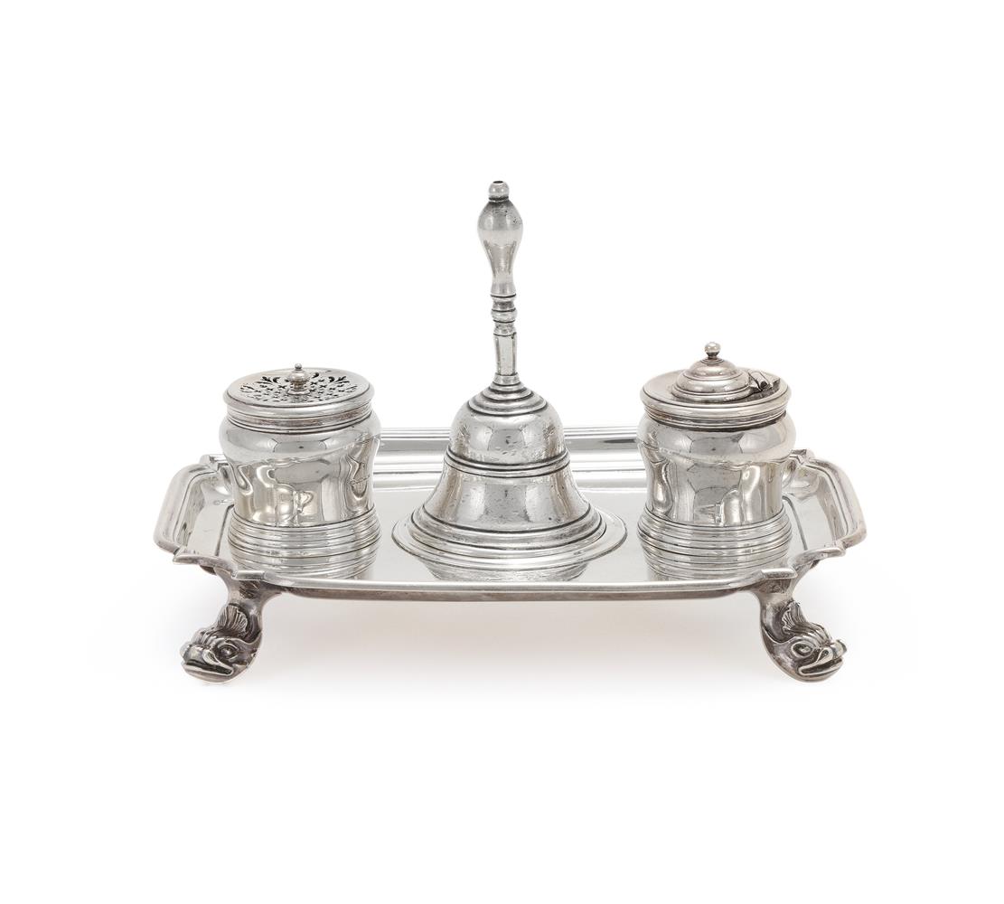 A GEORGE II SILVER SHAPED OBLONG INKSTAND