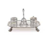 A GEORGE II SILVER SHAPED OBLONG INKSTAND