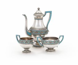 A NORWEGIAN SILVER AND ENAMEL SILVER THREE PIECE COFFEE SET