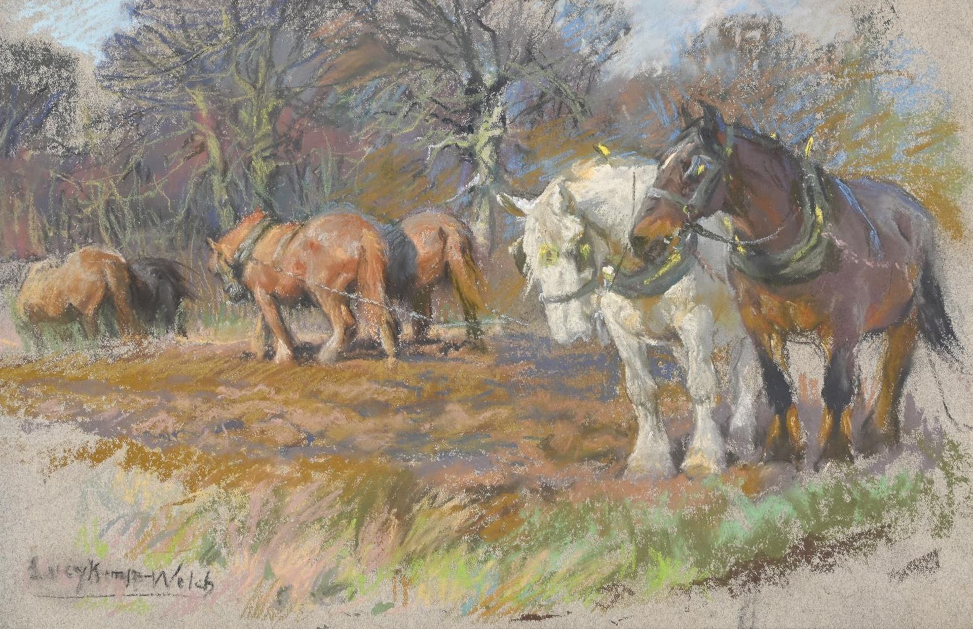 λ LUCY KEMP-WELCH (BRITISH 1869-1958), HORSES PLOUGHING: PREPARATIONS