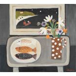 λ ALAN FURNEAUX (BRITISH B. 1953), STILL LIFE OF THREE FISH ON A PLATE AND A JUG OF FLOWERS