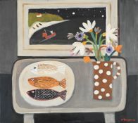λ ALAN FURNEAUX (BRITISH B. 1953), STILL LIFE OF THREE FISH ON A PLATE AND A JUG OF FLOWERS