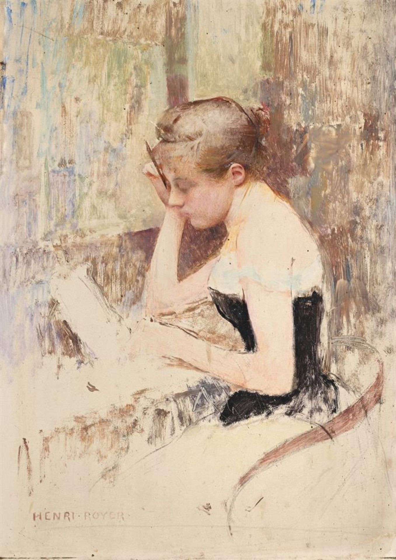 HENRI PAUL ROYER (FRENCH 1869-1938), STUDY OF A FEMALE FIGURE SEATED AT A WRITING DESK