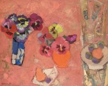 λ DENIS PEPLOE (SCOTTISH 1914-1993), STILL LIFE OF PANSIES WITH PEARS