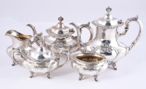 AN AMERICAN SILVER COLOURED FIVE PIECE BURGUNDY PATTERN TEA AND COFFEE SET